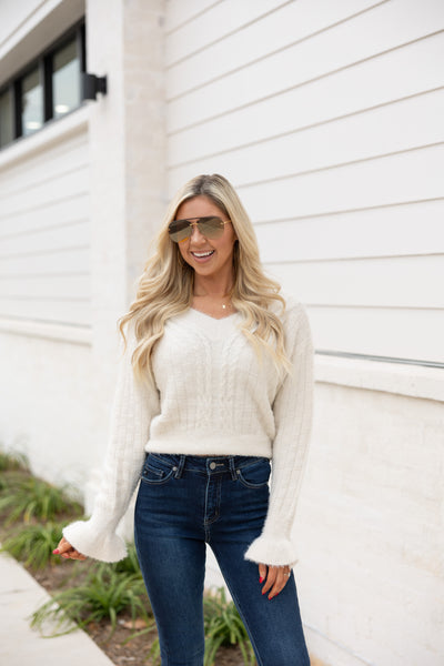 Flutter Sleeve Sweater, Ivory