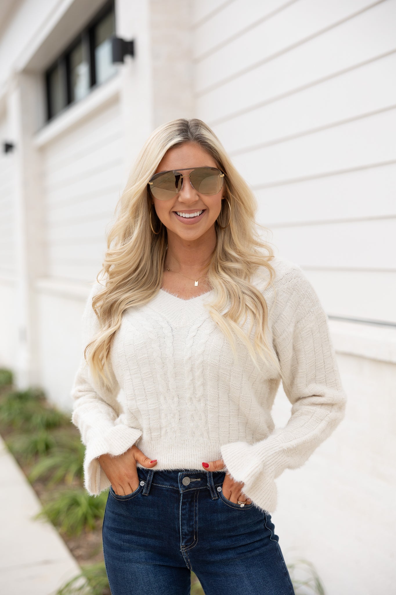 Flutter Sleeve Sweater, Ivory