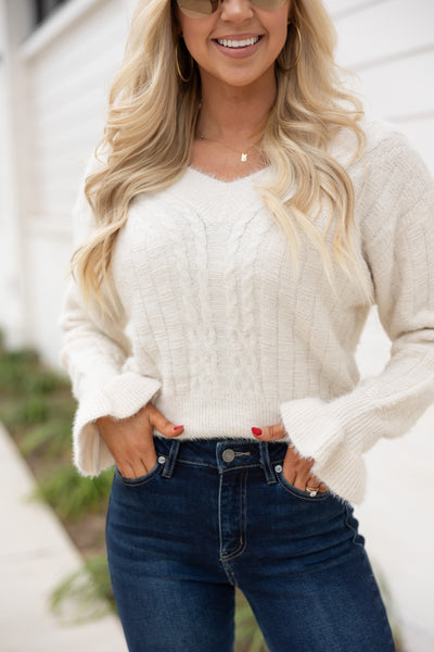 Flutter Sleeve Sweater, Ivory