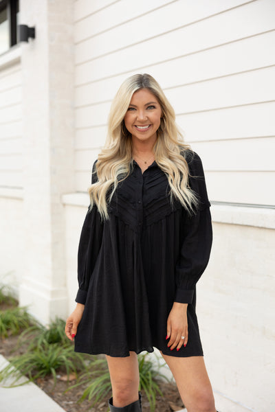 Pleated Button Down Shift Dress, Black