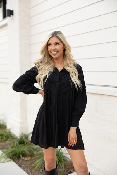 Pleated Button Down Shift Dress, Black