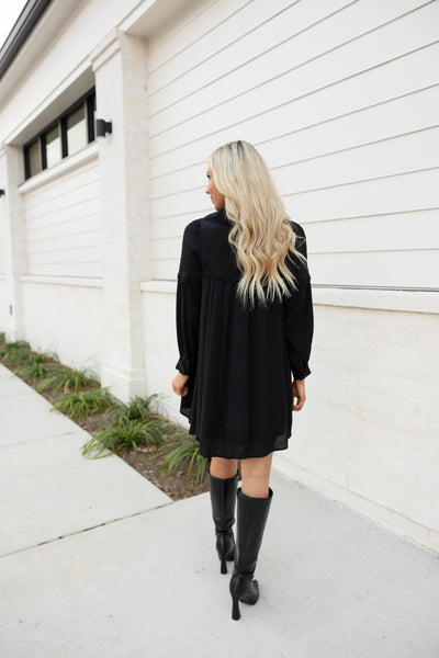 Pleated Button Down Shift Dress, Black