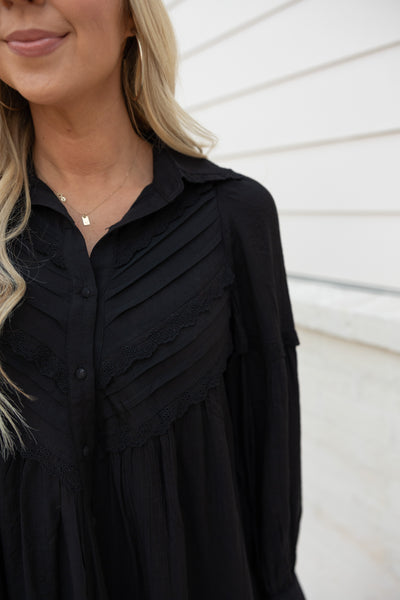 Pleated Button Down Shift Dress, Black