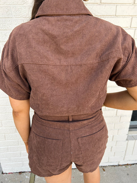 Fall Perfection Corduroy Romper,  Brown