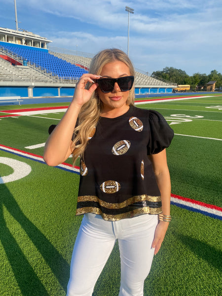 Gameday Ready Football Sequin Top, Black/Gold