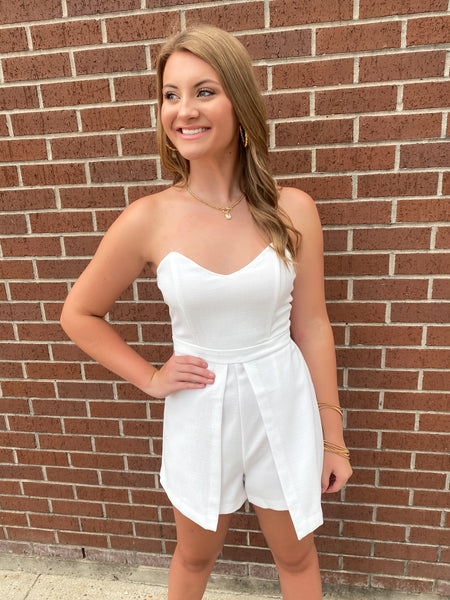 Follow Your Lead Strapless Romper, White