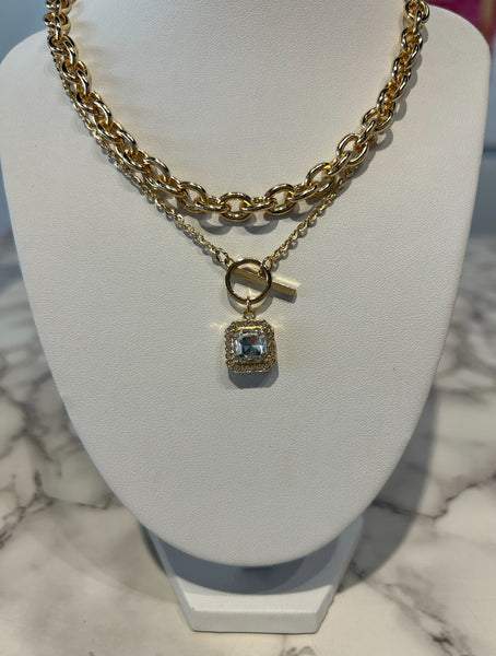 Square Crystal Pendant Layer Necklace