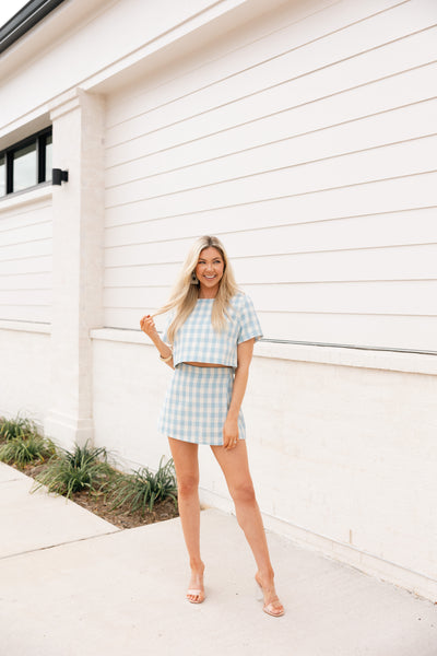 Gingham Short Sleeve Crop Top, Light Blue