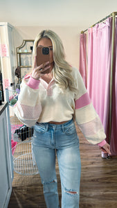 Haleigh Striped French Terry Oversized Sweater, Pink