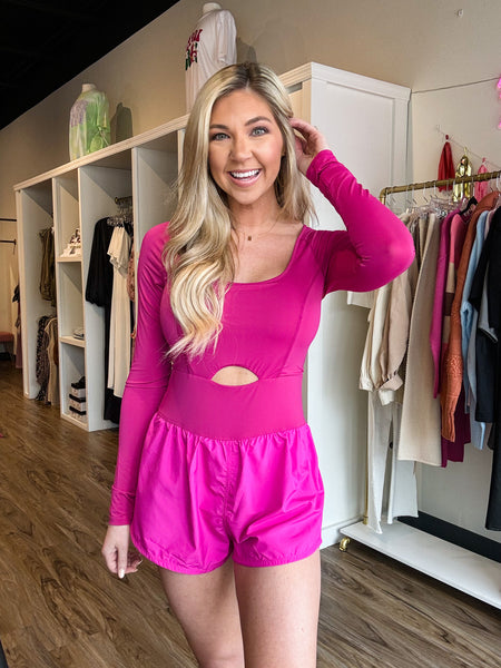 Fit & Free Long Sleeve Active Romper, Fuchsia