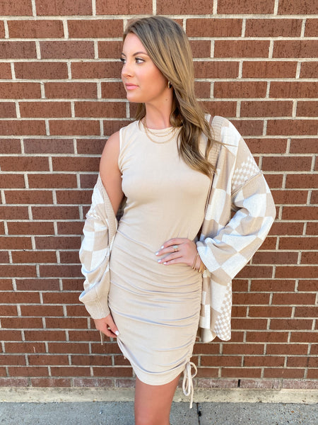 Pretty Little Thing Ribbed Drawstring Ruched Dress, Taupe
