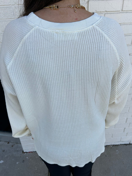 My Comfort Zone Waffle Knit Henley Top, Cream