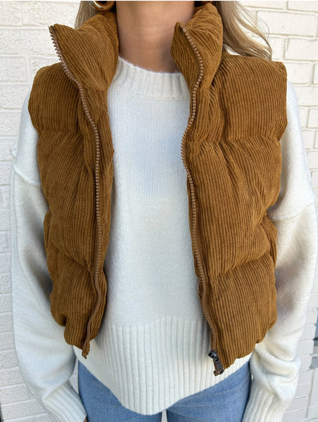 Forever Fashionable Corduroy Puffer Vest, Brown