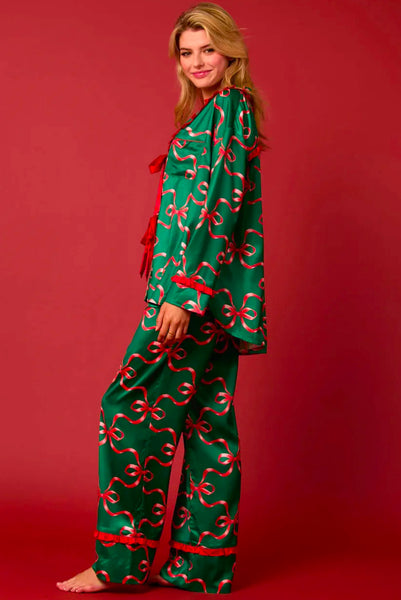 Bow Print PJ Set, Green/Red