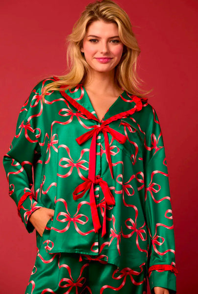 Bow Print PJ Set, Green/Red