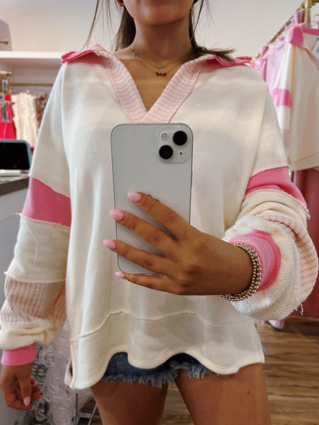 We Haleigh Striped French Terry Oversized Sweater, Pink
