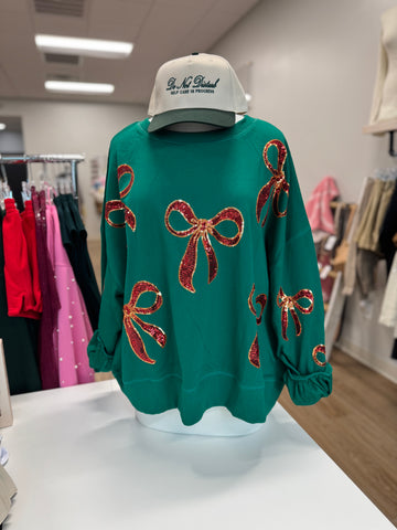 Sequin Bow Oversized Sweatshirt, Green