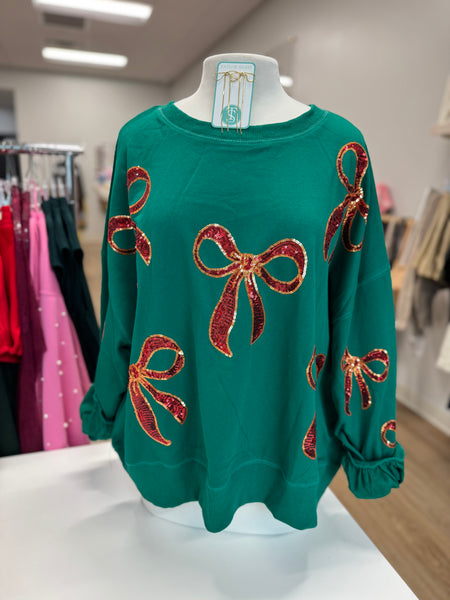 Sequin Bow Oversized Sweatshirt, Green