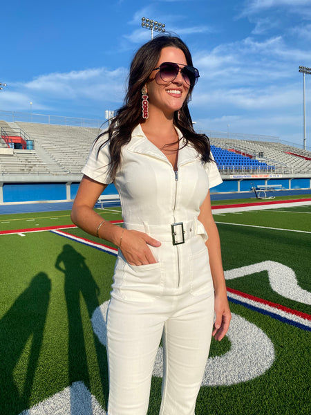 Never Lost A Tailgate Zip Front Jumpsuit, White