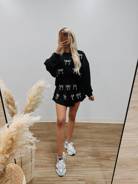 Pearl Bow Embellished Crop Sweatshirt, Black