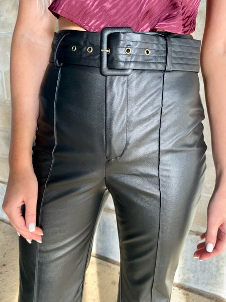 Double Take Leather Bell Bottoms, Black