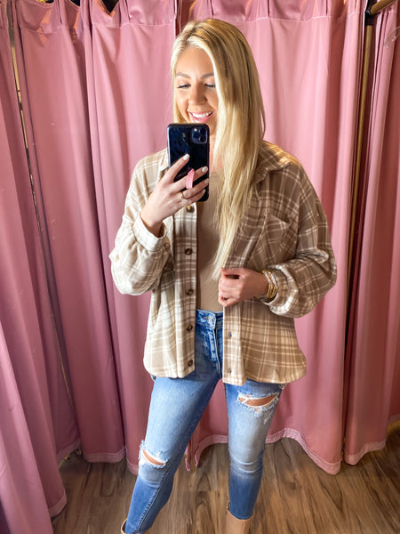 Caught Up In You Plaid Shacket, Taupe/White