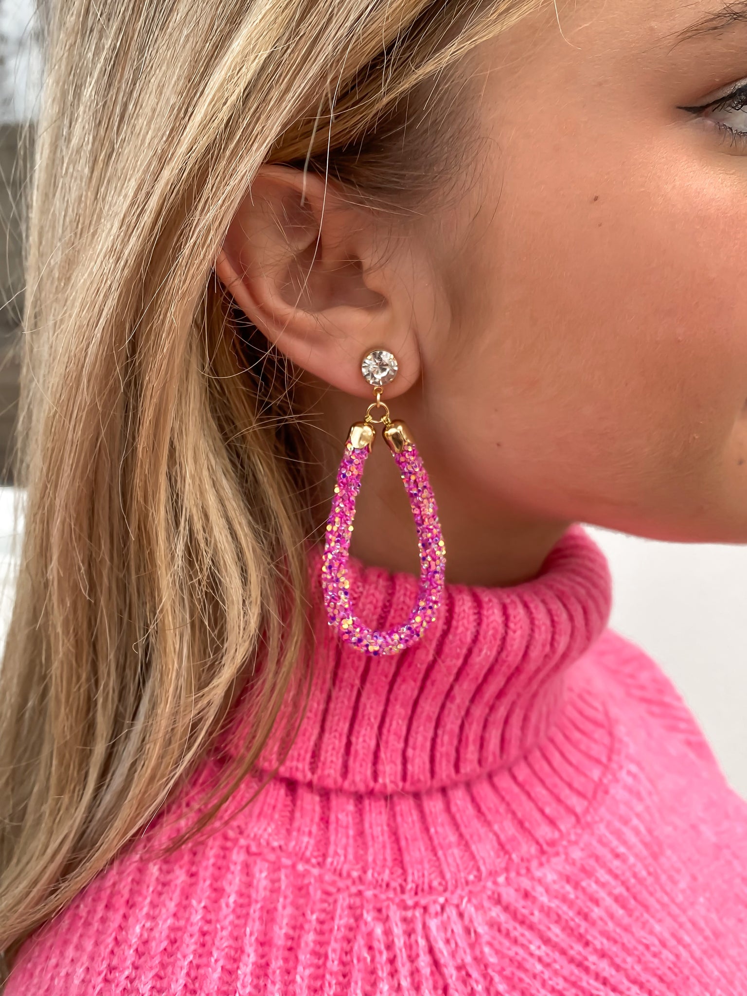 Hot Pink Glitter Teardrop Earrings