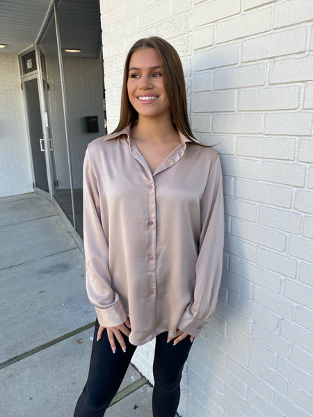 Leave A Message Silky Button Down, Nude