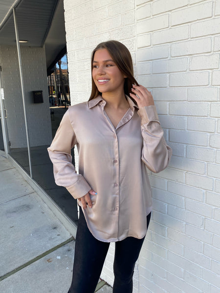 Leave A Message Silky Button Down, Nude