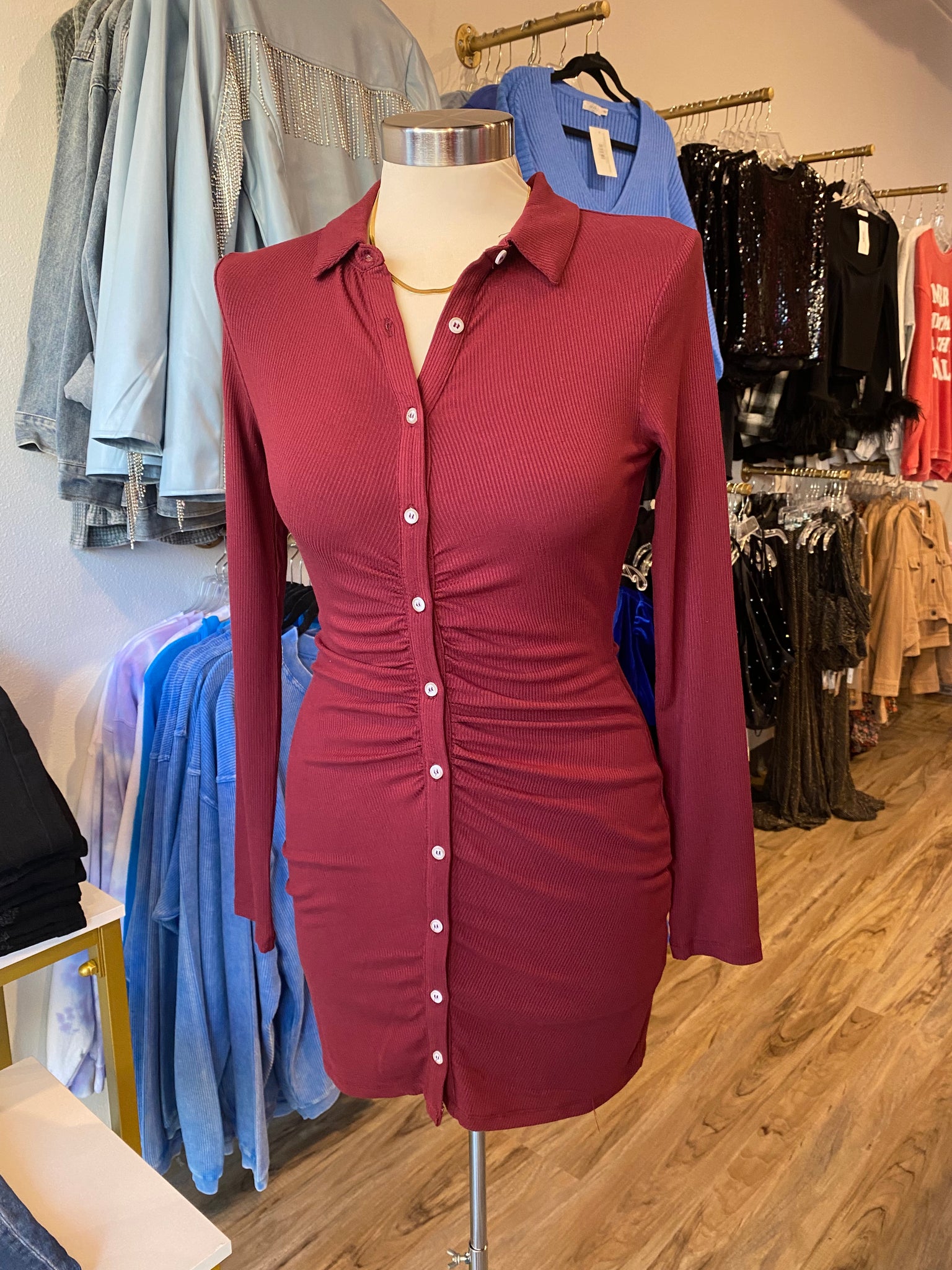 Time for Fun Button Up Dress, Burgundy