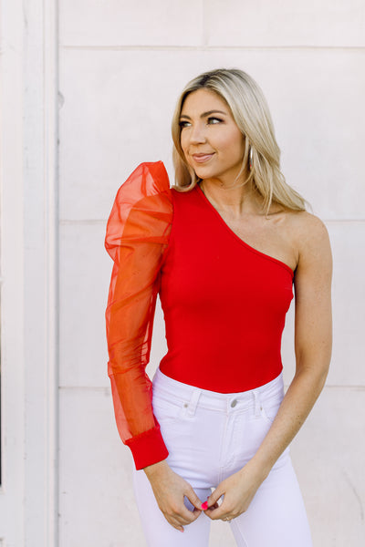 Not Yours Puff Sleeve Bodysuit- Red
