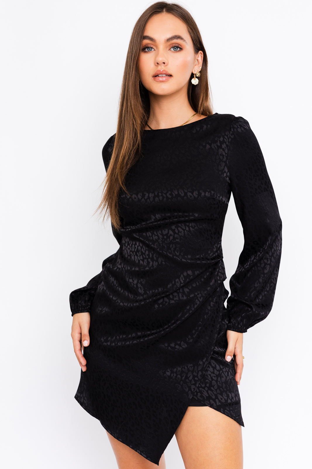 Ready for the Night Leopard Long Sleeve Dress, Black