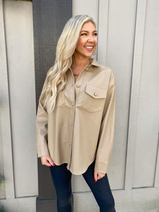 Don’t Sweat It Faux Leather Shacket, Taupe